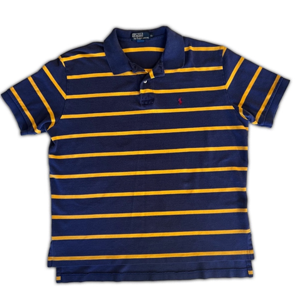 Ralph Lauren Polo Men's Navy Blue and Gold Stripe Classic XL short sleeve cotton